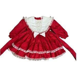 VTG 80s Martha's Miniatures We're Fussy girls Sz 5 Red Dress PINAFORE Ruffle USA